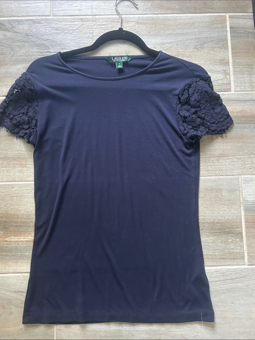 Lauren Ralph Lauren Navy Short Sleeve Top with Lace Sleeves